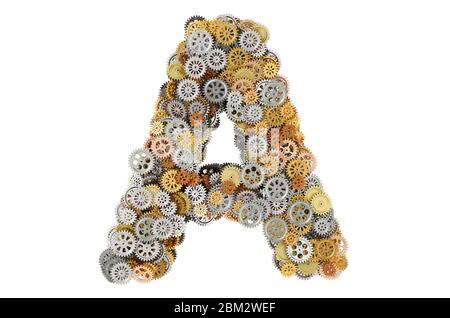 Buchstabe A von Zahnrädern, 3D-Rendering auf weißem Hintergrund isoliert Stockfoto