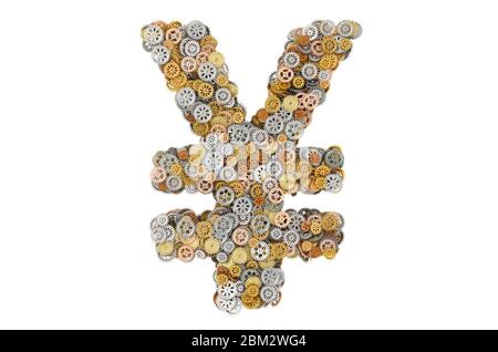 Yen oder Yuan-Symbol von Zahnrädern; 3D-Rendering isoliert auf weißem Hintergrund Stockfoto