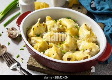 Italienische Pasta Conchiglioni Rigati gefüllt mit Huhn, Pilze, gebacken mit Käse in Bechamel-Sauce auf einer grauen Steinplatte. Stockfoto