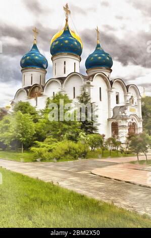 Schöne Aussicht auf Himmelfahrt Kathedrale, Trinity Lavra von St. Sergius Bunte Malerei sieht aus wie Bild, Sergiyev Posad, Russland Stockfoto