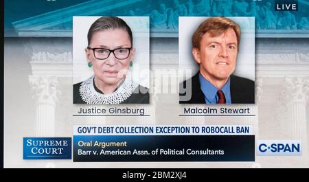 Washington, District of Columbia, USA. Mai 2020. Ein Bildschirmabbild von C-SPAN's Berichterstattung über den Obersten Gerichtshof der Vereinigten Staaten, wie er Argumente in zwei Fällen am 6. Mai 2020 hört. Die Tradition an zwei Fronten brechen aufgrund der COVID-19-Pandemie, nahmen die Richter während der Argumente an einer Telefonkonferenz Teil, und Live-Audio der Verfahren war in dieser Woche erstmals der Öffentlichkeit zugänglich. Kredit: Brian Cahn/ZUMA Wire/Alamy Live News Stockfoto