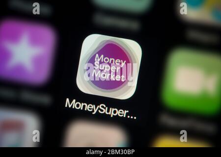 Nahaufnahme des Symbols der Money Supermarket App, wie auf dem Bildschirm eines Smartphones zu sehen (nur für redaktionelle Zwecke) Stockfoto