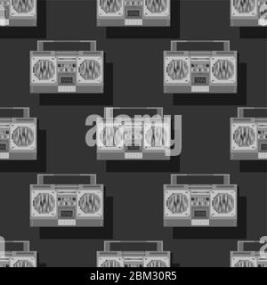 Audio-Tonbandgerät Pixel Art Muster nahtlos. Boombox 8 Bit Hintergrund. Vektortextur verpixeln Stock Vektor