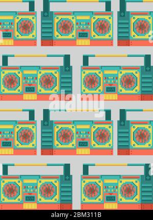 Audio-Tonbandgerät Pixel Art Muster nahtlos. Boombox 8 Bit Hintergrund. Vektortextur verpixeln Stock Vektor