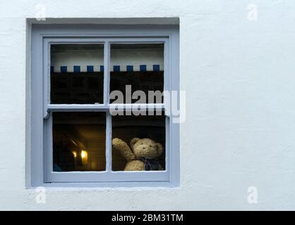 Der süße Teddybär winkt Hallo oder verabschiedet sich vom Hausfenster, was auf Selbstisolation oder soziale Distanzierung während der Corona-Virus-Kovid19-Pandemie hindeutet Stockfoto