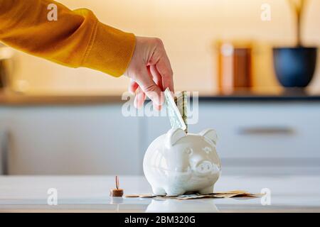 Persönliche Finanzen, Frau, die Geld in ein Sparschwein- -Reichtum und Finanzkonzept. Weißes Sparschwein im Vordergrund. Stockfoto