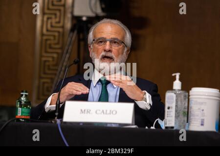 Washington, Usa. Mai 2020. Nicholas Calio, Präsident und CEO von Airlines for America, bezeugt während seiner Eröffnungserklärung am Mittwoch, den 6. Mai 2020, auf dem Capitol Hill in Washington, DC, vor einem Handelsausschuss des Senats, Wissenschaft und Transport, über den Zustand der Luftfahrtindustrie und die Auswirkungen der Coronavirus-Pandemie. Pool Foto von Graeme Jennings/UPI Quelle: UPI/Alamy Live News Stockfoto