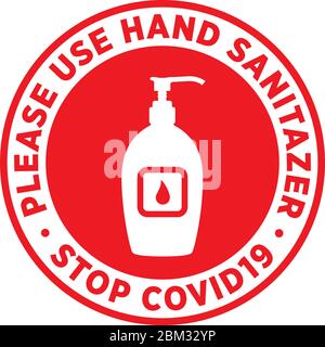 Bitte verwenden Sie die Schilder oder Sticker von Desinfektionsmittel, um das Risiko zu verringern, Coronavirus Covid-19 zu fangen. Vektorzeichen. Stock Vektor