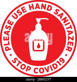 Bitte verwenden Sie die Schilder oder Sticker von Desinfektionsmittel, um das Risiko zu verringern, Coronavirus Covid-19 zu fangen. Vektorzeichen. Stock Vektor