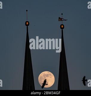 Berlin, Deutschland. Mai 2020. Der Vollmond ist zwischen den Türmen der Nikolaikirche zu sehen. Quelle: Paul Zinken/dpa-zb-Zentralbild/dpa/Alamy Live News Stockfoto