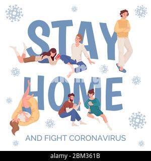 Bleiben Sie zu Hause und Kampf Coronavirus Poster Vorlage. Männer und Frauen verbringen Zeit zusammen, Lesen, Schlafen und Kartenspielen während der Selbstisolierung und Quarantäne Vektor flache Illustration. Stock Vektor