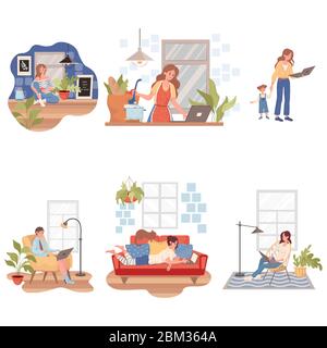 Personen, die während des Coronavirus Covid-19 Ausbruch Vektor flache Illustration zu Hause bleiben und arbeiten. Freiberufliche, ferne Arbeit Konzept. Männer und Frauen in Heimkleidung arbeiten auf Laptop innen. Stock Vektor