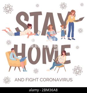 Bleiben Sie zu Hause und kämpfen Coronavirus Poster Design. Menschen in bequemer Kleidung arbeiten Entfernung, Surfen Internet auf Laptops während der Quarantäne und Selbstisolierung Vektor flache Banner Vorlage. Stock Vektor