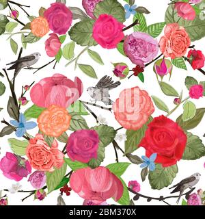 Eine Menge von lebendigen farbigen niedlichen handgezeichneten Rosen mit blauem Hintergrund nahtlose Muster Illustration für Stoff-Design Stockfoto