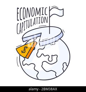 Das Konzept einer Wirtschaftskrise. Vektorgrafik ist handgezeichnet im Doodle-Stil. Planet Erde mit einem Diagramm, einem Dollarzeichen und einer weißen Flagge von sur Stock Vektor