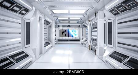 Futuristische Architektur Sci-Fi-Korridor Interieur in der Raumstation mit Earth Planet View, 3D Rendering Stockfoto