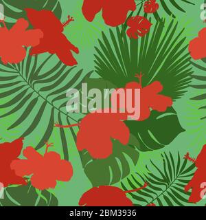 Hand gezeichnet Hibiskus, tropische Blätter rot und grün gefärbt nahtlose Sommer Zeit für Stoff Design Muster Vektor Hintergrund Stock Vektor