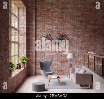 3D Rendering Industrail Stil Wohnzimmer, großes Fenster, Lampe graue Couch und Stuhl, Holzboden, Fahrrad auf der roten Ziegelwand Stockfoto