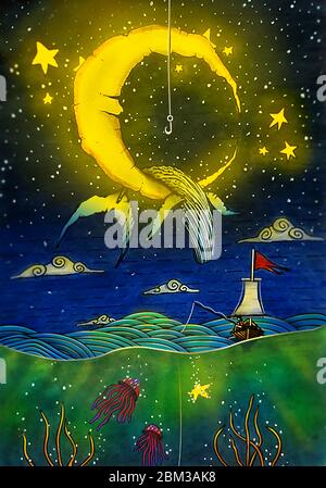 Angeln bei Nacht Illustration,Aquarell Natur Zeichnung,Wal,Mond,Sterne,Gelee Fisch, Wolken Malerei, Stockfoto