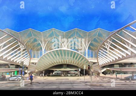 Bahnhof Oriente, Gare do Oriente, moderne Architektur farbenfrohe Malerei sieht aus wie Bild, Lissabon, Portugal Stockfoto