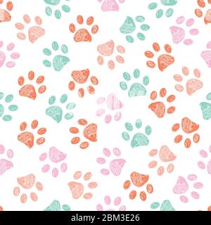 Doodle braune Pfote druckt rosa, orange und grün Farben nahtlose Vektor-Muster für Stoff-Design Stock Vektor
