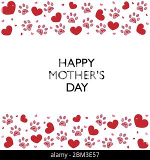Rote Herzen und Pfotenabdrücke. Frohes Muttertagsgebettes. Grußkarte Vektor Hintergrund Stock Vektor