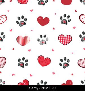 Schwarzer Doodle-Pfotendruck mit retro schönen Herzen. Happy Valentine's day, Muttertag nahtlose Stoff Design Muster Hintergrund Stock Vektor