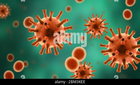 Coronavirus oder Grippekeime in der Zelle, mikroskopische Ansicht des SARS-CoV-2 Corona Virus auf grünem Hintergrund, 3d-Rendering. Banner mit Konzept von COVID-19 S. Stockfoto