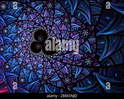 Abstrakte blaue, violette Mosaikglas-Textur. Fraktaler Hintergrund. Fantasy digitale Kunst 3D-Rendering. Hochauflösendes Breitformat-Bild. Blau und schwarz c Stockfoto