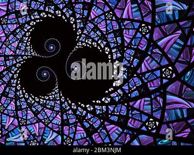 Abstrakte blaue, violette Mosaikglas-Textur. Fraktaler Hintergrund. Fantasy digitale Kunst 3D-Rendering. Hochauflösendes Breitformat-Bild. Blau und schwarz c Stockfoto