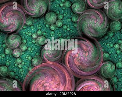 Abstrakte lila und blau strukturierte Blasen auf schwarzem Hintergrund. Fantasy Fraktal Design. Psychedelische digitale Kunst. 3D-Rendering. Digitaler Computer fraktal Stockfoto