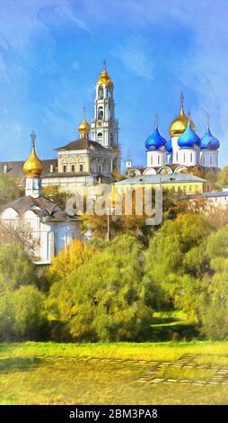 Blick auf die Dreifaltigkeit Lavra von St. Sergius Bunte Malerei sieht aus wie Bild, Russland Stockfoto