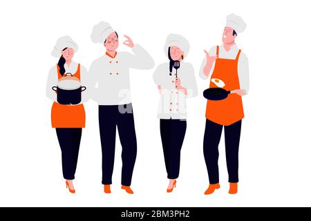 Professionelle Köche und Köche arbeiten zusammen Kochen Backen servieren für Kunden mit modernen flachen Vektor Illustration Konzept der professionellen Stock Vektor