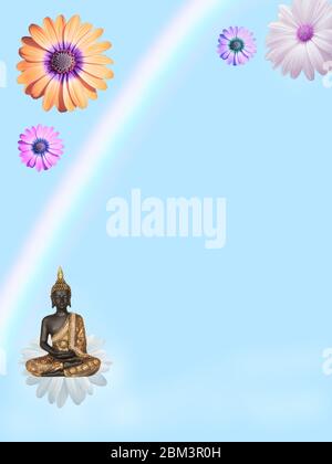 Spiritueller Hintergrund für Meditation mit buddha-Statue und Blumen isoliert in abstraktem Hintergrund Stockfoto