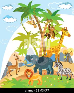 Afrikanische wilde Tiere bunte Vektor Cartoon lustige Illustration in flachen Stil. Vektor vertikale Illustration mit niedlichen afrikanischen Zeichen für Kinder Stock Vektor