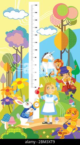 Höhe Meter mit Alice im Wunderland Zeichen Vektor Cartoon Illustration in flachem Stil. Vertikale Vektormessung für Kinder. Toll für Stock Vektor