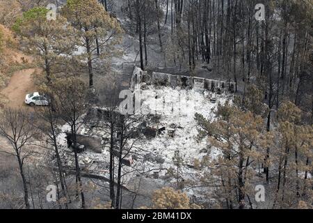 Bastrop County USA, September 16 2011: Aerial of Fire damage, wo Waldbrände 38.000 Morgen und über 1.500 Häuser mit zwei Todesfällen brannten. ©Bob Daemmrich Stockfoto