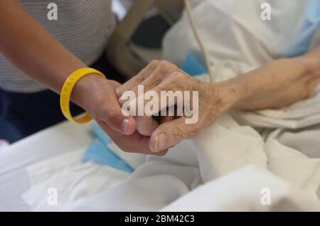 Burnet Texas USA, 26. Juni 2005: 73-jährige Anglo Frau mit unheilbarem Krebs hält die Hände mit Enkel im Krankenhaus. ©Bob Daemmrich Stockfoto