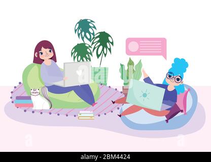 Arbeiten aus der Ferne, junge Frauen mit Laptops auf Bohnenstühlen Raum Vektor Illustration Stock Vektor