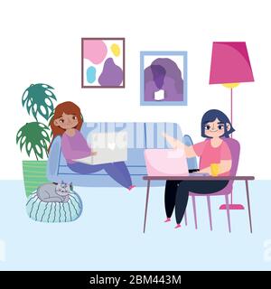 Arbeiten aus der Ferne, junge Frauen mit Laptop auf Sofa Stuhl Schreibtisch Arbeitsplatz Heim Vektor Illustration Stock Vektor