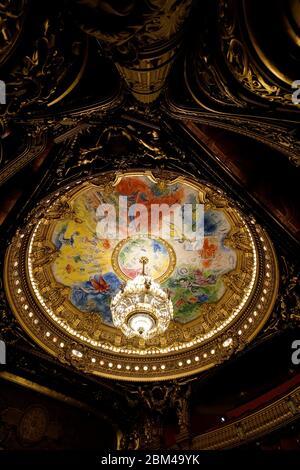 Das Auditorium celling von Marc Chagall mit dem Auditorium Kronleuchter gemalt.Palais Garnier Opera National de Paris.Paris.Frankreich Stockfoto