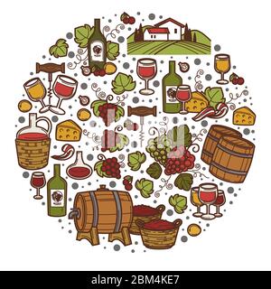 Weinbrauerei, Weingut mit Flaschen und Gläser Trauben Stock Vektor