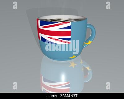 Tuvalu auf einer Tasse heißen Kaffee in einer 3D-Illustration mit realistischer Perspektive und Schatten auf dem Boden gespiegelt platziert Stockfoto