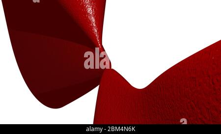 3D-Darstellung einer geometrischen Form von dunkelroter Farbe auf einem weißen abstrakten Hintergrund als gekrümmte und glänzende Oberfläche mit Stockfoto
