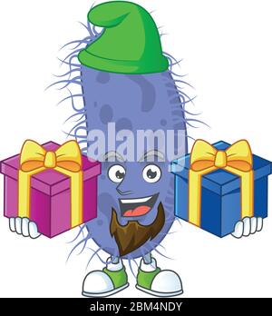 Ein lächelndes Salmonella typhi Cartoon-Design mit Weihnachtsgeschenke. Vektorgrafik Stock Vektor