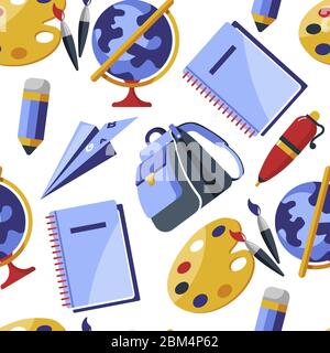 Schule oder Universität liefert, Schreibwaren Bücher und Pinsel nahtlose Muster Stock Vektor