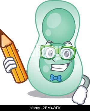 Eine brainy Student serratia marcescens Cartoon-Figur mit Bleistift und Brille Stock Vektor