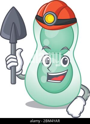 Serratia marcescens Miner Cartoon Design Konzept mit Werkzeug und Helm Stock Vektor