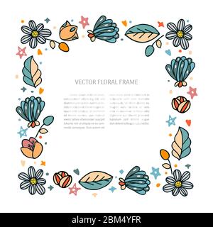Handgezeichnete Vektor-Blumenrahmen-Vorlage. Florale Doodle Illustration mit Platz für Text. Dekor für Einladungen, Grußkarten, Poster. Stock Vektor