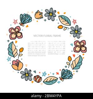 Handgezeichnete Vektor florale runde Rahmenvorlage. Florale Doodle Illustration mit Platz für Text. Dekor für Einladungen, Grußkarten, Poster. Stock Vektor